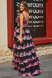 Princess A Line Off the Shoulder Black Pink Long Ball Dress with Tiered Lace