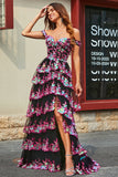 Princess A Line Off the Shoulder Black Pink Long Ball Dress with Tiered Lace