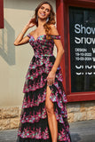 Princess A Line Off the Shoulder Black Pink Long Ball Dress with Tiered Lace