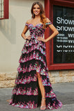 Princess A Line Off the Shoulder Black Pink Long Ball Dress with Tiered Lace