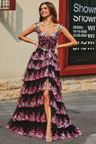 Princess A Line Off the Shoulder Black Pink Long Ball Dress with Tiered Lace