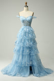 Princess A Line Off the Shoulder Blue Long Ball Dress with Appliques