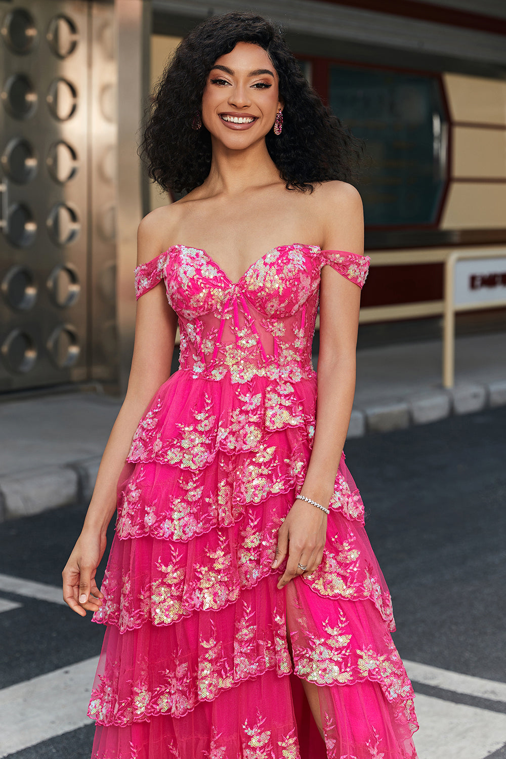 Trendy A Line Off the Shoulder Fuchsia Corset Ball Dress with Split Front