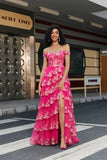 Trendy A Line Off the Shoulder Fuchsia Corset Ball Dress with Split Front