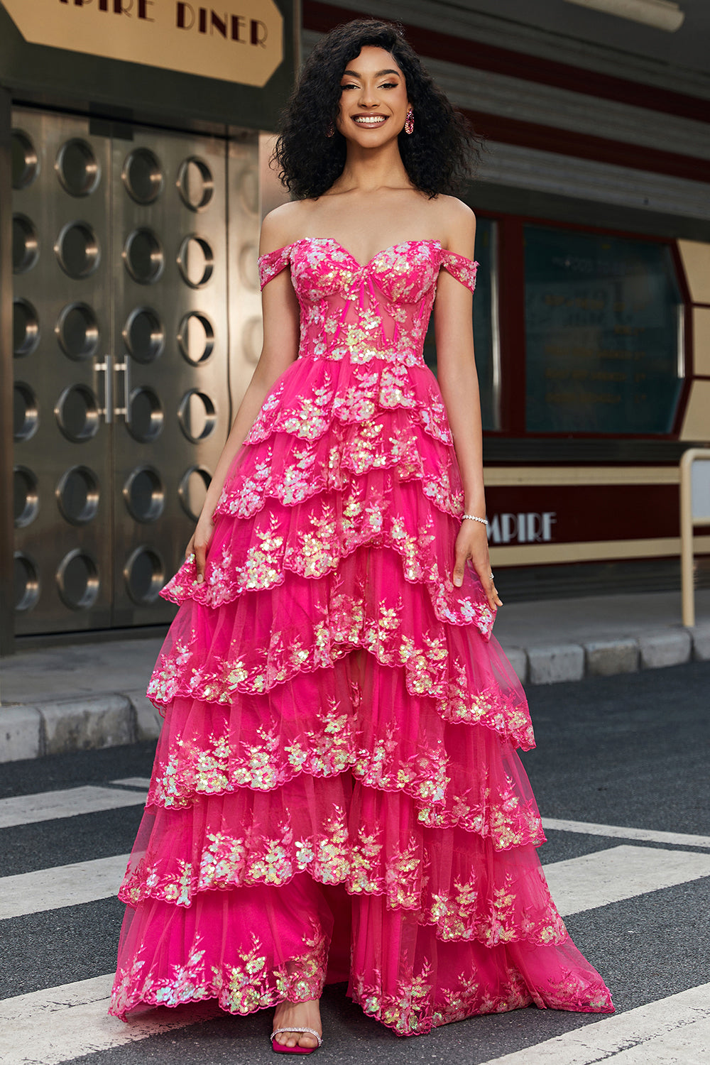 Trendy A Line Off the Shoulder Fuchsia Corset Ball Dress with Split Front