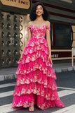 Trendy A Line Off the Shoulder Fuchsia Corset Ball Dress with Split Front