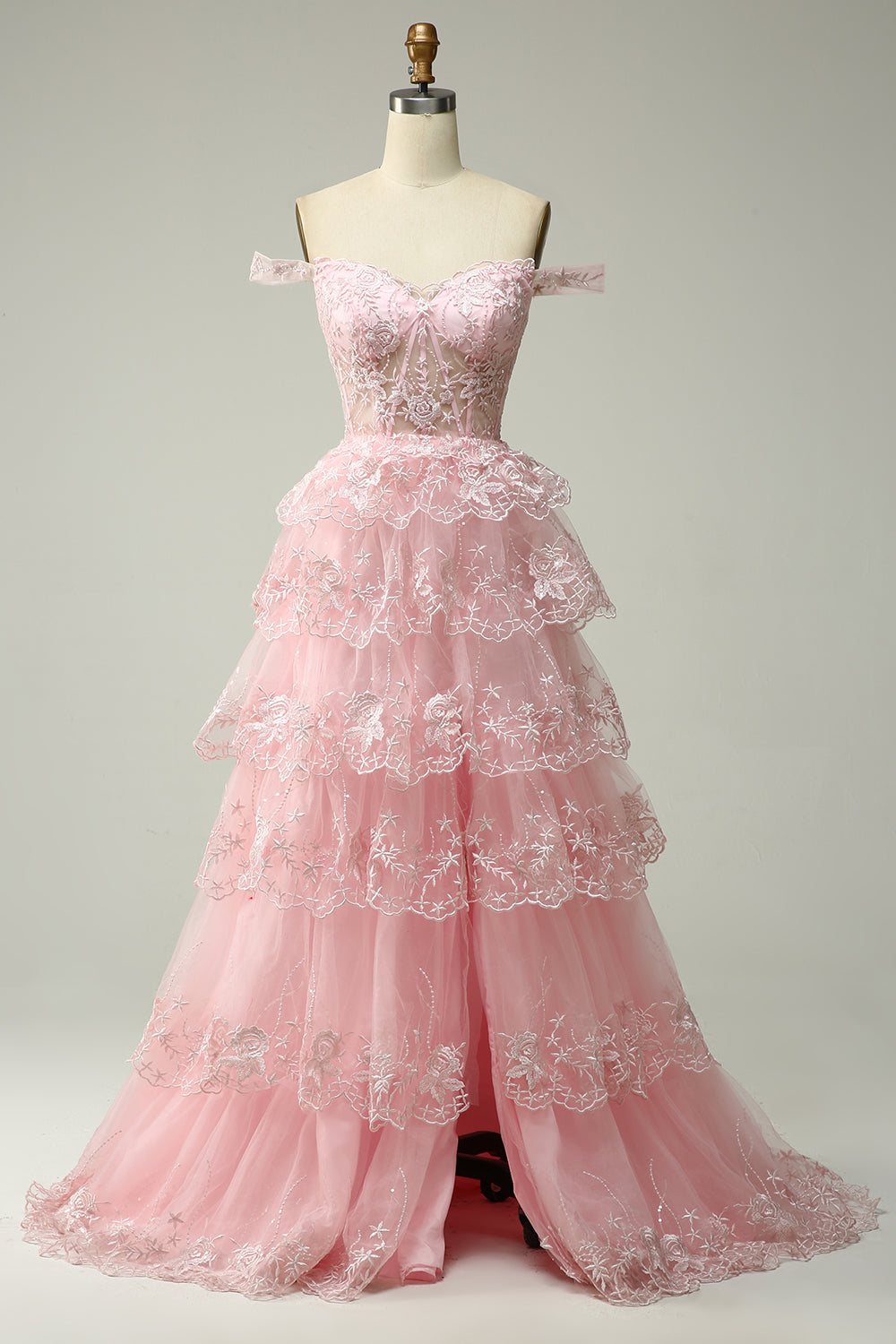 Princess A Line Off the Shoulder Pink Long Ball Dress with Appliques