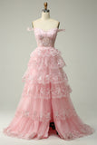 Princess A Line Off the Shoulder Pink Long Ball Dress with Appliques
