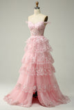 Princess A Line Off the Shoulder Pink Long Ball Dress with Appliques