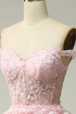 Princess A Line Off the Shoulder Pink Long Ball Dress with Appliques