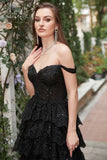 Princess A Line Black Off The Shoulder Long Tiered Ball Dress
