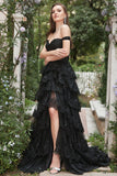 Princess A Line Black Off The Shoulder Long Tiered Ball Dress