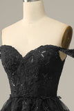 Princess A Line Off The Shoulder Black Long Tulle Tiered Ball Dress