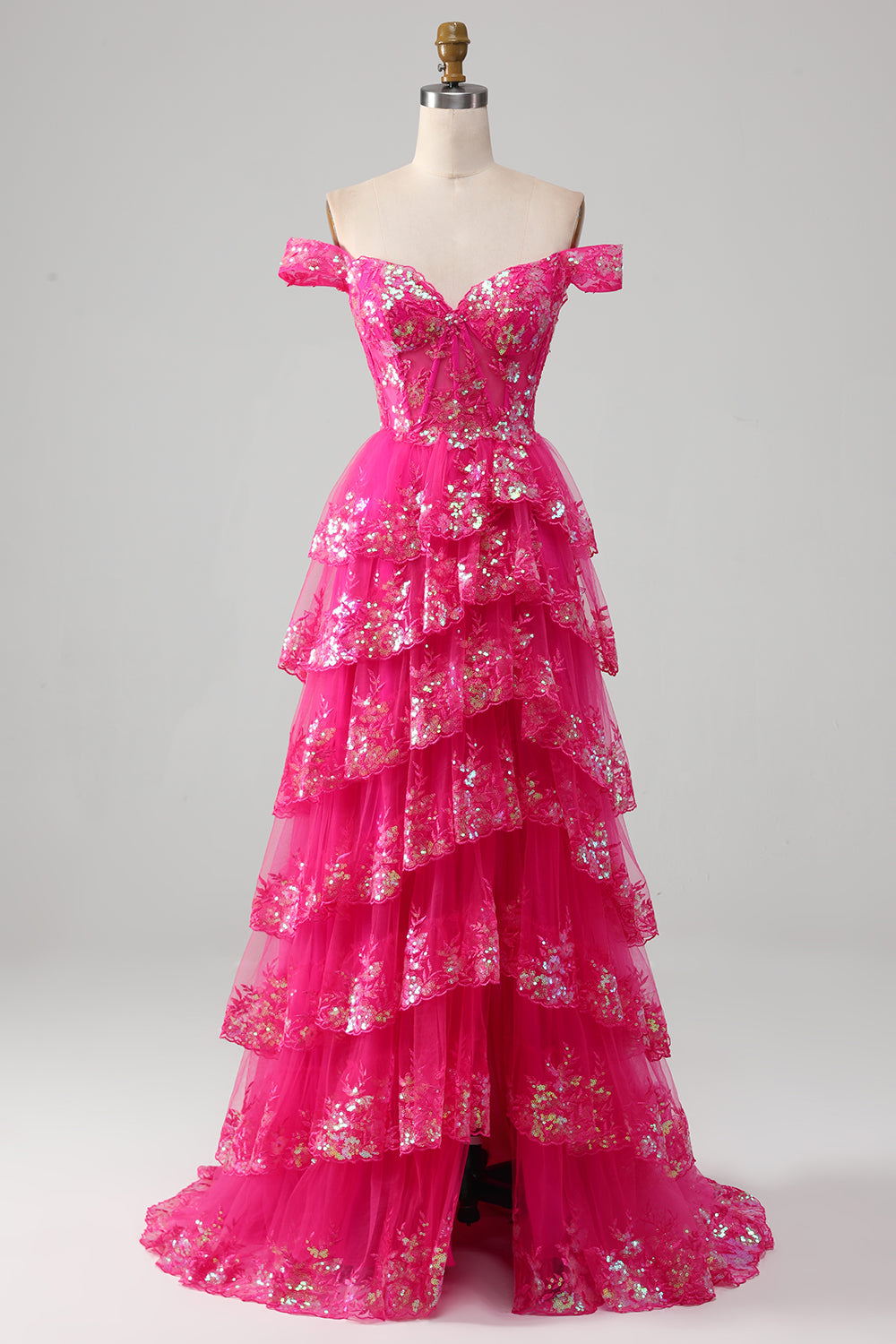 Princess A Line Off the Shoulder Black Pink Long Ball Dress with Tiered Lace