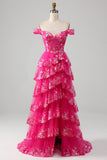 Princess A Line Off the Shoulder Black Pink Long Ball Dress with Tiered Lace