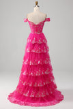 Princess A Line Off the Shoulder Black Pink Long Ball Dress with Tiered Lace