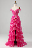 Fuchsia Off The Shoulder Long Tiered Ball Dress with Sequins