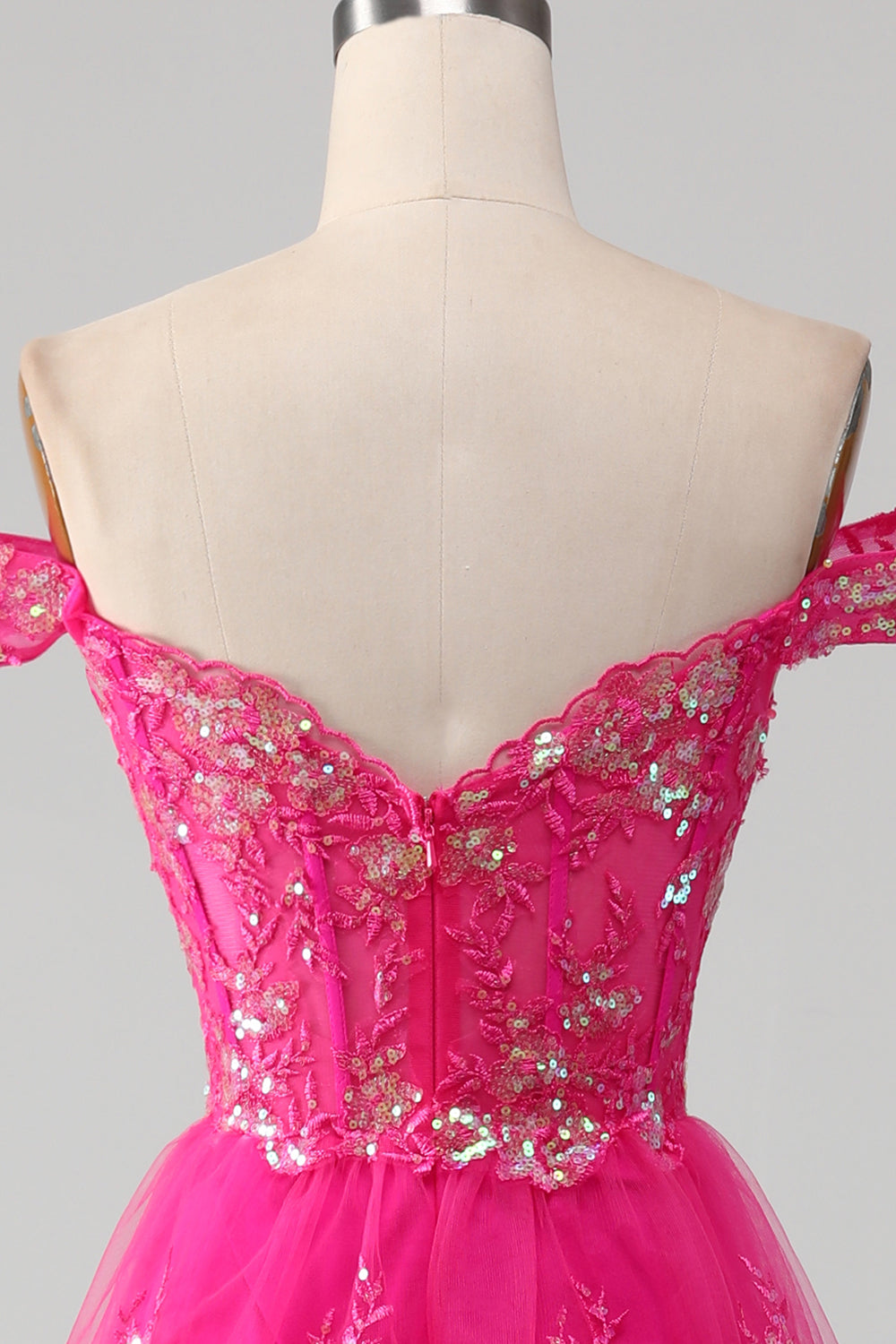 Fuchsia Off The Shoulder Long Tiered Ball Dress with Sequins