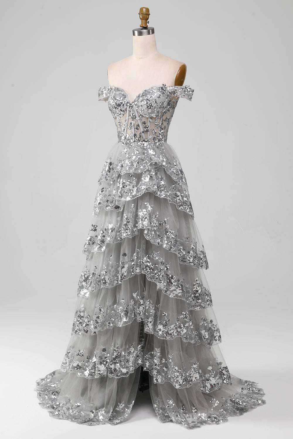 Off the Shoulder Grey Sparkly Tiered Ball Dress with Slit