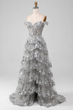Off the Shoulder Grey Sparkly Tiered Ball Dress with Slit