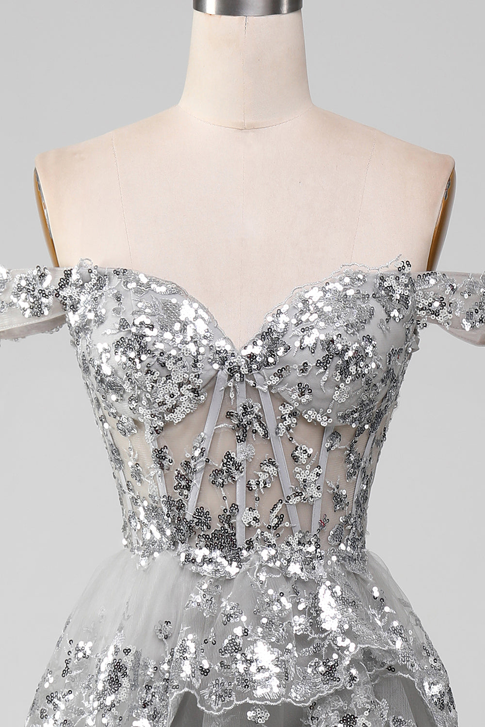Off the Shoulder Grey Sparkly Tiered Ball Dress with Slit