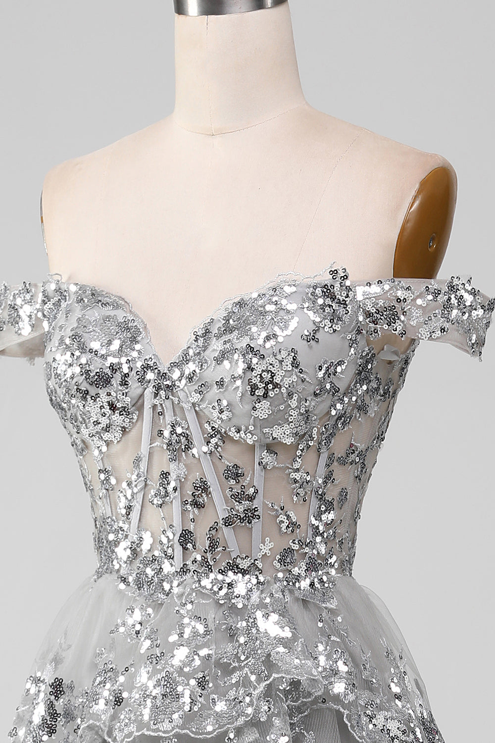 Off the Shoulder Grey Sparkly Tiered Ball Dress with Slit