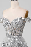 Off the Shoulder Grey Sparkly Tiered Ball Dress with Slit