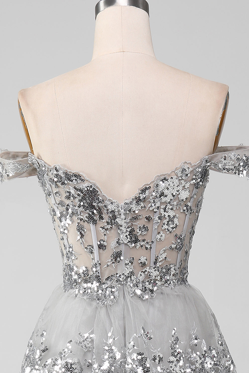 Off the Shoulder Grey Sparkly Tiered Ball Dress with Slit