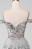 Off the Shoulder Grey Sparkly Tiered Ball Dress with Slit