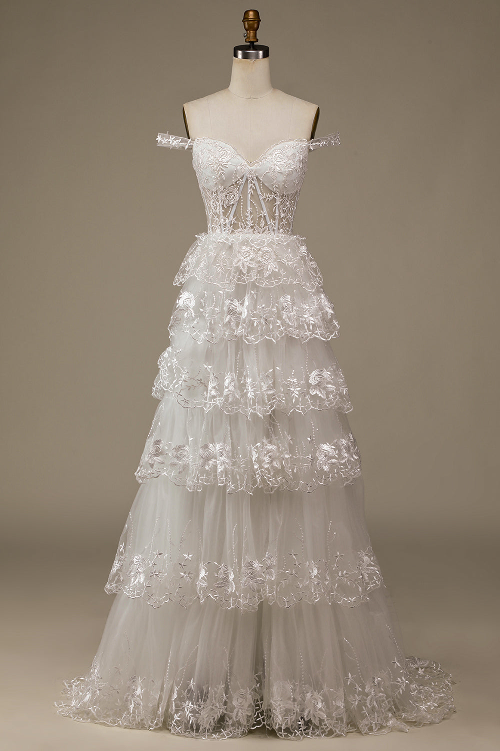 White Sparkly A Line Tiered Lace Wedding Dress with Slit