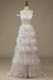 White Sparkly A Line Tiered Lace Wedding Dress with Slit