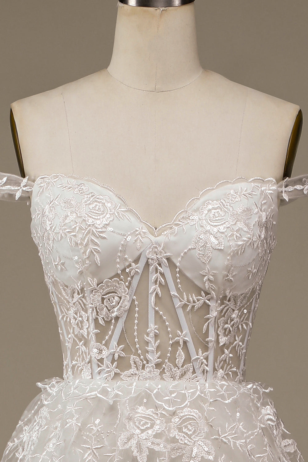 White Sparkly A Line Tiered Lace Wedding Dress with Slit