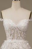 White Sparkly A Line Tiered Lace Wedding Dress with Slit