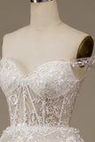 White Sparkly A Line Tiered Lace Wedding Dress with Slit