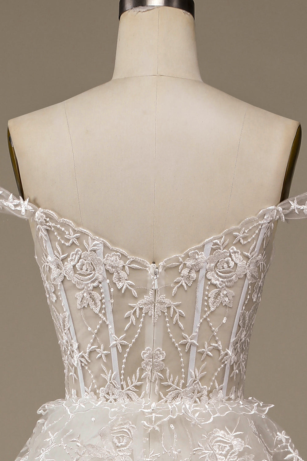 White Sparkly A Line Tiered Lace Wedding Dress with Slit