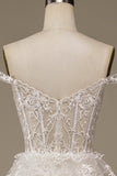 White Sparkly A Line Tiered Lace Wedding Dress with Slit
