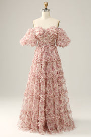 White Red Flower A Line Off The Shoulder Ball Dress