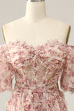 White Red Flower A Line Off The Shoulder Ball Dress