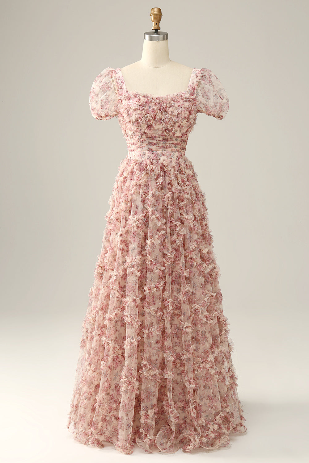 White Red Flower Square Neck Floor Length Ball Dress