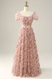 White Red Flower Square Neck Floor Length Ball Dress