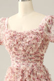 White Red Flower Square Neck Floor Length Ball Dress