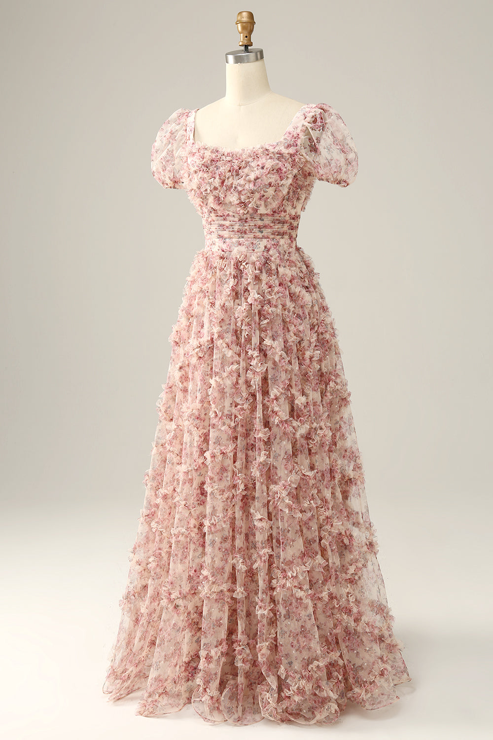 White Red Flower Square Neck Floor Length Ball Dress