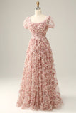 White Red Flower Square Neck Floor Length Ball Dress