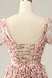 White Red Flower Square Neck Floor Length Ball Dress