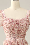 White Red Flower Square Neck Floor Length Ball Dress