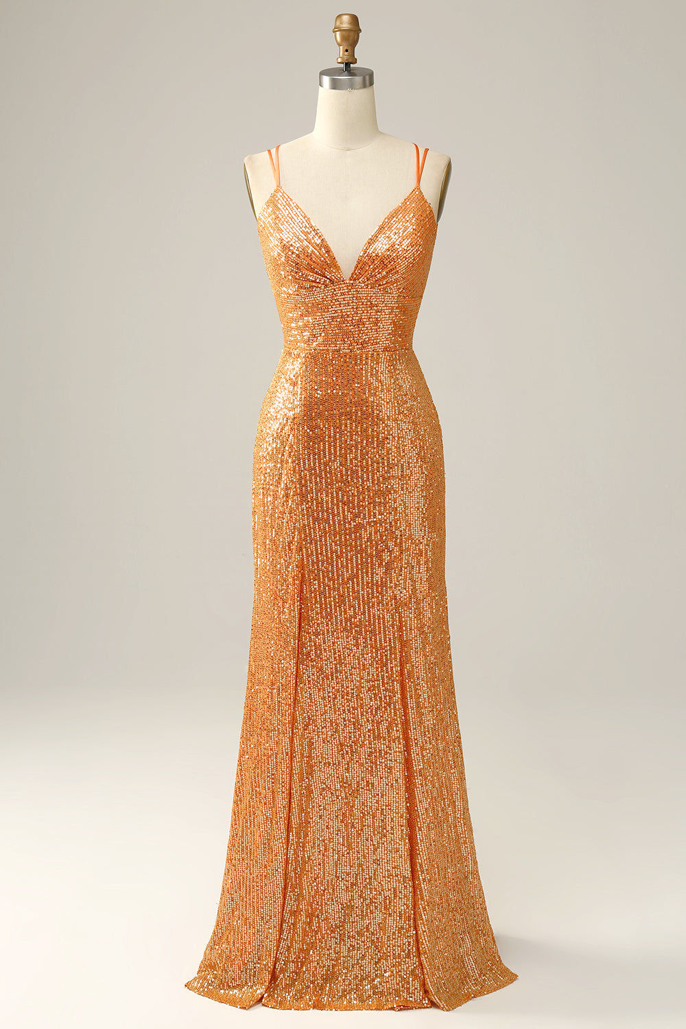 Orange Sequined Backless Mermaid Ball Dress