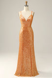 Orange Sequined Backless Mermaid Ball Dress