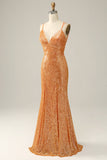 Orange Sequined Backless Mermaid Ball Dress