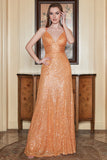 Orange Spaghetti Straps Sequins Long Ball Dress with Criss Cross Back
