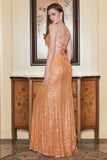 Orange Spaghetti Straps Sequins Long Ball Dress with Criss Cross Back